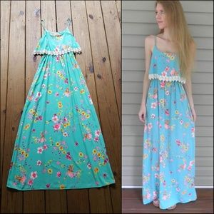 S Boutique Aqua Blue Floral Crochet Maxi Dress
